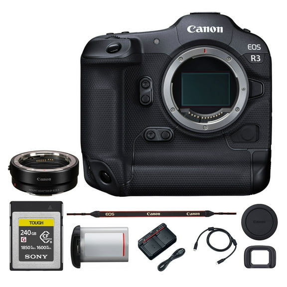Canon EOS R3 Mirrorless Camera  Full-Frame 24.1MP Stacked Sensor with Eye Control AF, 30fps Burst, and 6K RAW Video (4895C002) + 240GB Memory Card + Canon Adapter EF-EOS R
