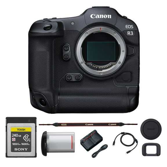 Canon EOS R3 Mirrorless Camera  Full-Frame 24.1MP Stacked Sensor with Eye Control AF, 30fps Burst, and 6K RAW Video (4895C002) + 240GB Memory Card