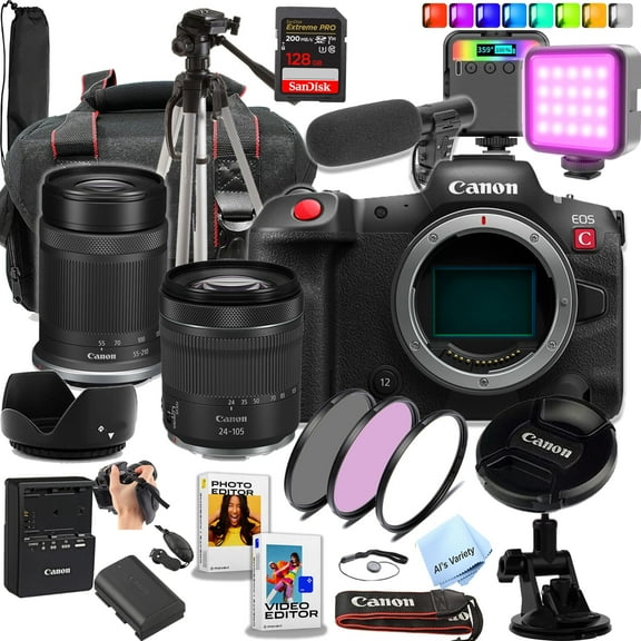 Canon EOS R5 C 45 MP Full-Frame Mirrorless Camera with 24-105mm & 55-210mm Lenses + 128GB Extreme SD Card and More (Content Creator Bundle) (International Version)
