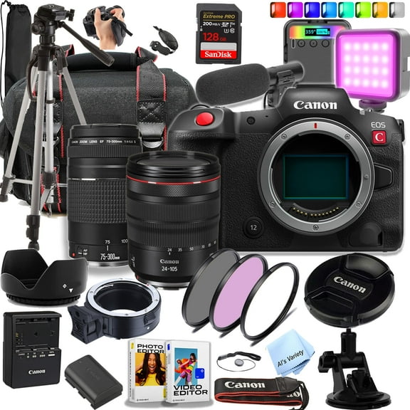 Canon EOS R5 C 45 MP Full-Frame Mirrorless Camera with 24-105mm L IS USM & 75-300mm Lenses + 128GB Extreme SD Card and More (Content Creator Bundle) (International Version)