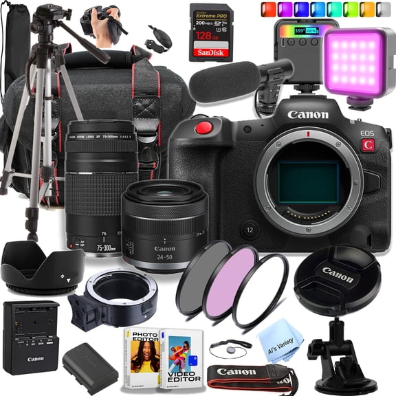 Canon EOS R5 C 45 MP Mirrorless Camera with 24-50mm & 75-300mm Lenses + 128GB Extreme SD Card and More (Content Creator Bundle) (International Version)