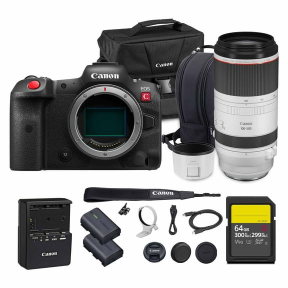 Canon EOS R5 C Mirrorless Cinema Camera 45MP Full Frame 8K RAW Video Dual Pixel AF Hybrid Photography Filmmaking Camera (5077C002) + Canon RF 100-500mm Lens + LP-E6P Battery + 64GB Card + Bag