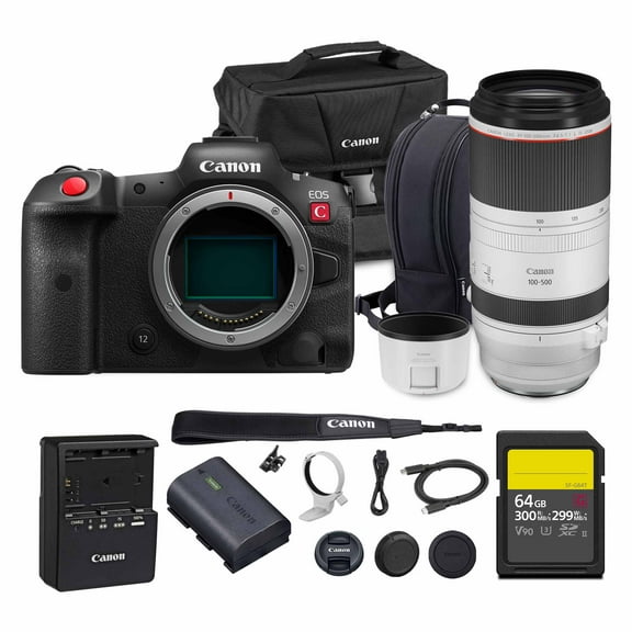 Canon EOS R5 C Mirrorless Cinema Camera 45MP Full Frame 8K RAW Video Dual Pixel AF Hybrid Photography Filmmaking Camera (5077C002) + Canon RF 100-500mm Lens + 64GB Card + Bag