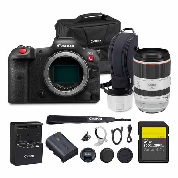 Canon EOS R5 C Mirrorless Cinema Camera 45MP Full Frame 8K RAW Video Dual Pixel AF Hybrid Photography Filmmaking Camera (5077C002) + Canon RF 70-200mm Lens + 64GB Card + Bag