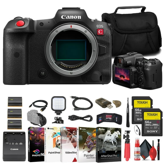 Canon EOS R5 C Mirrorless Cinema Camera 2 x Sony 64GB TOUGH SD Card Bag Charger 2x LPE6 Battery Card Reader LED Light Corel Photo Software HDMI Cable Flex Tripod International Model