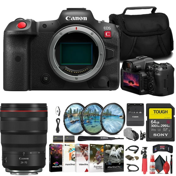 Canon EOS R5 C Mirrorless Cinema Camera 5077C002 Canon 24-70mm Lens 3680C002 Sony 64GB TOUGH SD Card Filter Kit Bag Charger LPE6 Battery Card Reader Corel Photo Software International Model