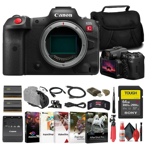 Canon EOS R5 C Mirrorless Cinema Camera 5077C002 Sony 64GB TOUGH SD Card Bag Charger LPE6 Battery Card Reader Corel Photo Software HDMI Cable Flex Tripod Hand Strap International Model