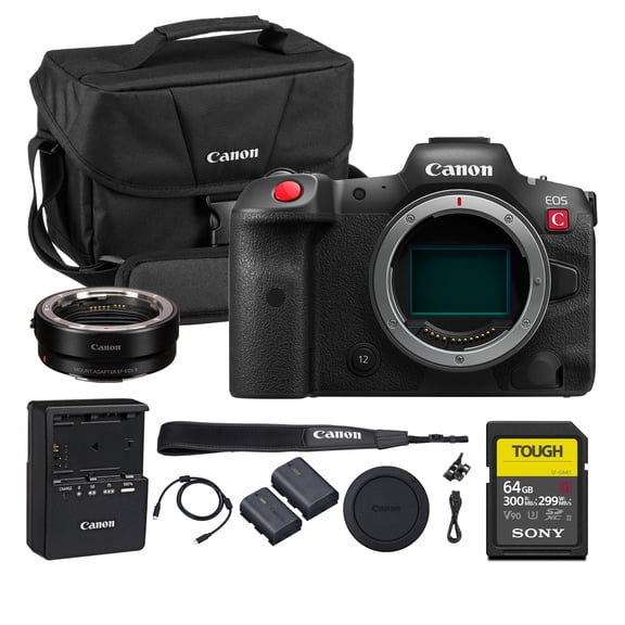 Canon EOS R5 C Mirrorless Cinema Camera | True Hybrid Power for Filmmakers and High-End Creators (5077C002) + Canon Adapter EF-EOS R + LP-E6P Battery + 64GB Memory Card + Shoulder Bag