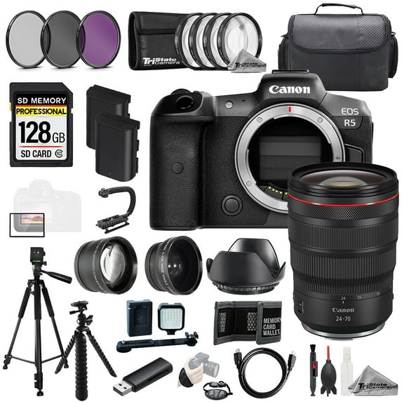 Canon EOS R5 Camera + RF 24-70mm f/2.8L IS USM Lens+128GB+Ext Bat+9 PC Filtr MEGA Kit (International Version)