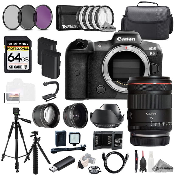 Canon EOS R5 Camera + RF 35mm f/1.4 L VCM Lens+64GB+Ext Bat+9 PC Filter-MEGA Kit (International Version)