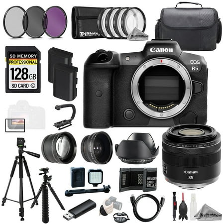 Canon EOS R5 Camera + RF 35mm f/1.8 IS Macro STM Lens+128GB+Ext Bat+9 PC Filtr MEGA Kit (International Version)