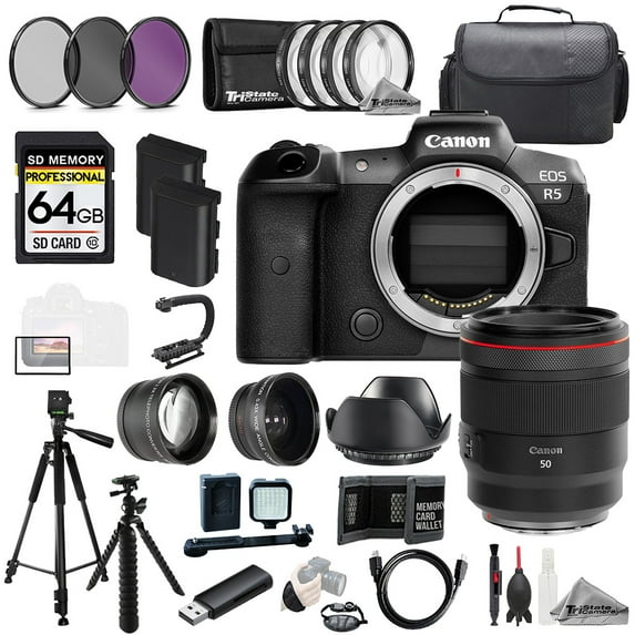 Canon EOS R5 Camera + RF 50mm f/1.2 L USM Lens+64GB+Ext Bat+9 PC Filter-MEGA Kit (International Version)