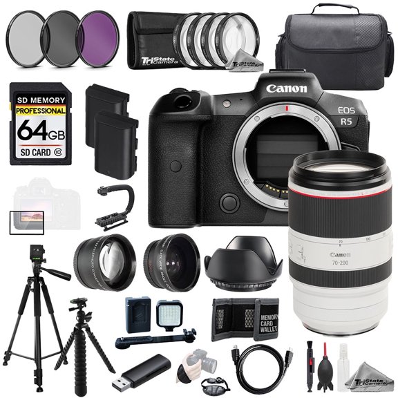 Canon EOS R5 Camera + RF 70-200mm f/2.8L IS USM Lens+64GB+Ext Bat+9 PC Filter-MEGA Kit (International Version)