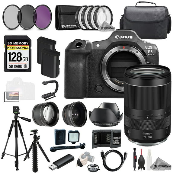 Canon EOS R5 II Camera + 24-240mm f/4-6.3 IS USM Lens+128GB+Ext Bat+9 PC Filtr MEGA Kit (International Version)