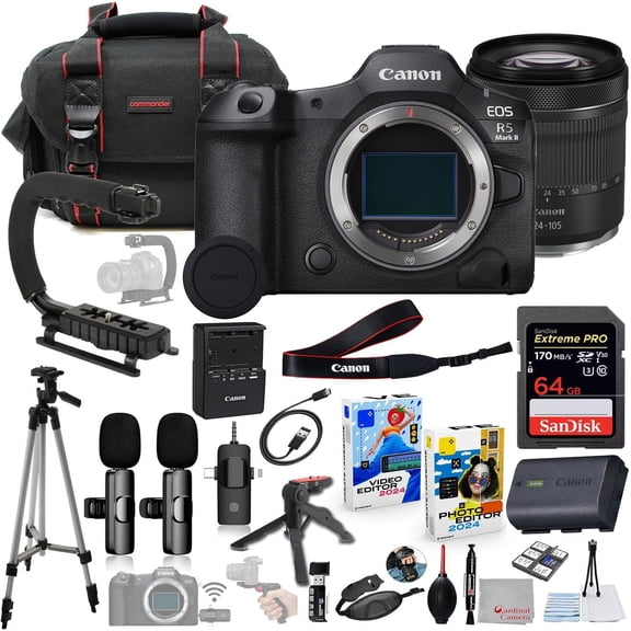Canon EOS R5 Mark II Mirrorless Camera with 24-105mm Lens Bundle with with Commander Gear Bag + Wireless Microphone System + 64GB Extreme Memory Card + Accessory Kit