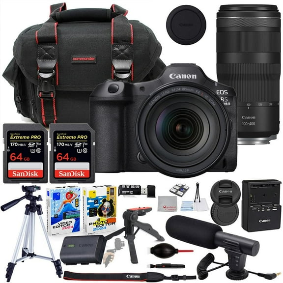 Canon EOS R5 Mark II Mirrorless Camera with 24-105mm f/4 & 100-400mm Lens Bundle with Commander Gear Bag + Microphone + 2X 64GB Extreme Memory Cards + Accessory Kit