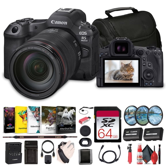 Canon EOS R5 Mark II Mirrorless Camera with 24-105mm f4 Lens 6536C012 64GB Memory Card Bag Photo Editing Software Charger More International Model