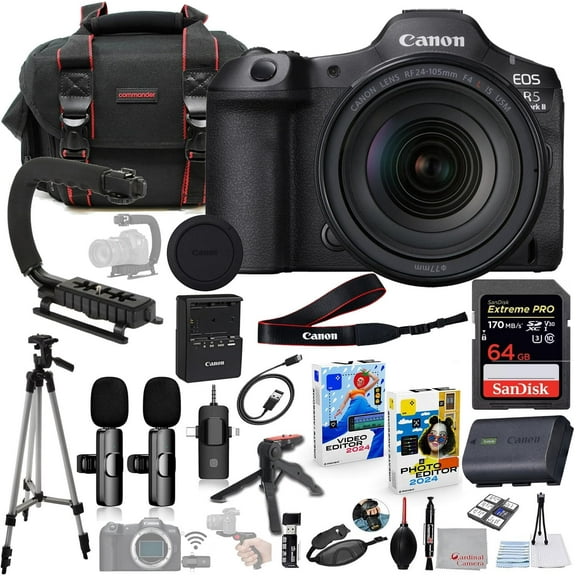 Canon EOS R5 Mark II Mirrorless Camera with 24-105mm f/4 Lens Bundle with with Commander Gear Bag + Wireless Microphone System + 64GB Extreme Memory Card + Accessory Kit