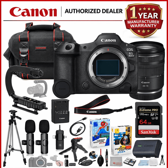 Canon EOS R5 Mark II Mirrorless Camera with 28-70mm Lens Bundle with with Commander Gear Bag + Wireless Microphone System + 64GB Extreme Memory Card + Accessory Kit