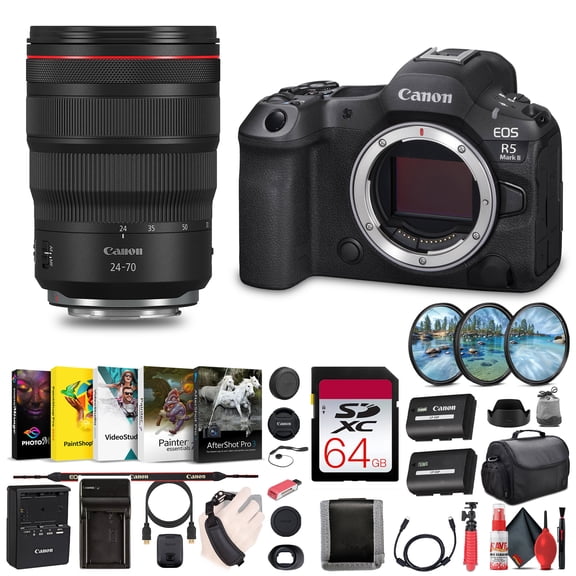 Canon EOS R5 Mark II Mirrorless Camera, 45MP, Full-Frame Hybrid Camera, 8K Video (6536C002) + Canon RF 24-70mm f/2.8L Lens + 64GB SF-M Tough Series Memory Card + Bag + More (International Version)