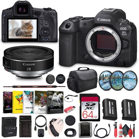 Canon EOS R5 Mark II Mirrorless Camera 45MP Full-Frame Hybrid Camera 8K Video 6536C002 Canon RF 28mm f2.8 Lens 6128C002 64GB Memory Card Filter Kit Bag MoreInternational Model
