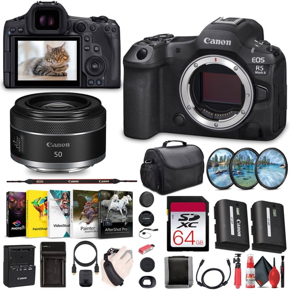 Canon EOS R5 Mark II Mirrorless Camera 45MP Full-Frame Hybrid Camera 8K Video 6536C002 Canon RF 50mm f1.8 Lens 64GB Memory Card Filter Kit Bag MoreInternational Model