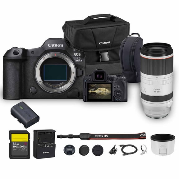 Canon EOS R5 Mark II Mirrorless Camera | 45MP Full Frame Sensor 8K Video Recording | Advanced IBIS Autofocus for Professional Creators (6536C002) + Canon RF 100-500mm Lens + 64GB Card + Canon Bag