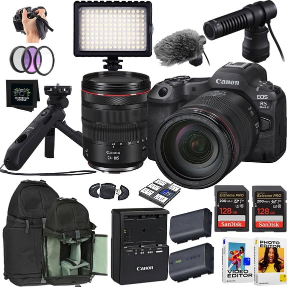 Canon EOS R5 Mark II Mirrorless Camera + Canon RF 24-105mm f/4 L is USM Lens + Canon HG-100TBR Tripod Grip + Canon DM-E100 Directional Microphone + More (16pc Bundle) (International Version)
