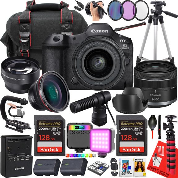 Canon EOS R5 Mark II Mirrorless Camera with Canon RF 24-50mm f/4.5-6.3 is STM Lens + 2pc 128 GB Memory + Canon DM-E100 Microphone + LED Light + More (29pc Bundle) (International Version)