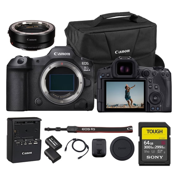 Canon EOS R5 Mark II Mirrorless Camera | Flagship Hybrid Power, Refined for Next-Gen Creators (6536C002) + Canon Adapter EF-EOS R + LP-E6P Battery + 64GB Memory Card + Shoulder Bag