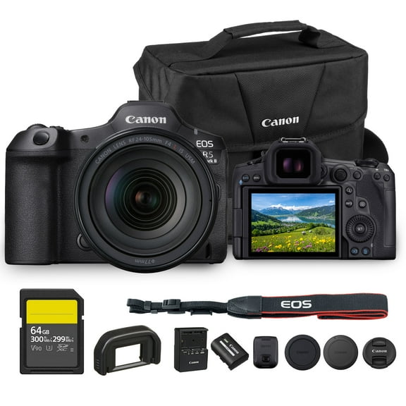 Canon EOS R5 Mark II Mirrorless Camera with RF 24‑105mm f/4 L IS USM Lens | 45 MP Full‑Frame CMOS, 8K RAW/4K 120p Video, Dual Pixel CMOS AF II, 8‑Stop Image Stabilization with Bag and 64GB Card
