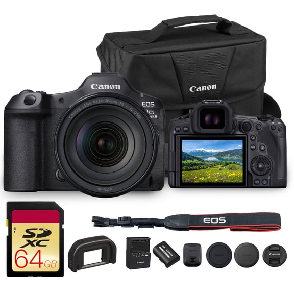 Canon EOS R5 Mark II Mirrorless Camera with RF 24‑105mm f/4 L IS USM Lens | 45 MP Full‑Frame CMOS, 8K RAW/4K 120p Video, Dual Pixel CMOS AF II, 8‑Stop Image Stabilization with Bag and 64GB Card