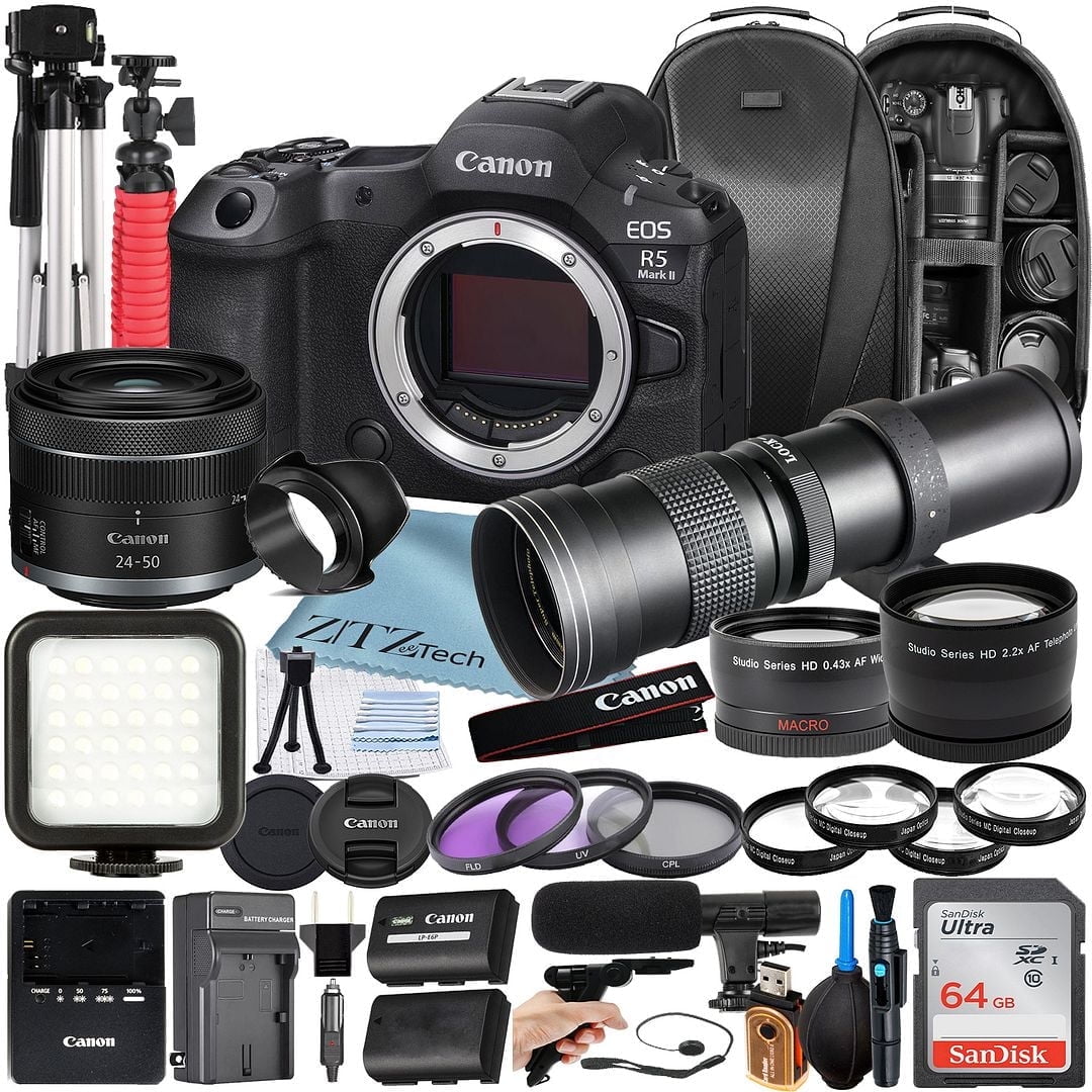 Canon EOS R5 Mark II Mirrorless Camera with RF 24-50mm + 420-800mm Super Telephoto Zoom Lens + 64GB SanDisk Memory Card + Backpack + Tripod + ZeeTech Accessory Bundle