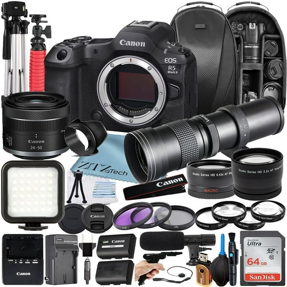 Canon EOS R5 Mark II Mirrorless Camera with RF 24-50mm + 420-800mm Super Telephoto Zoom Lens + 64GB SanDisk Memory Card + Backpack + Tripod + ZeeTech Accessory Bundle