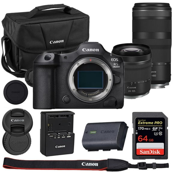 Canon EOS R5 Mark II Mirrorless Camera with 24-105mm & 100-400mm Lens Bundle with Canon 200ES EOS Shoulder Bag + 64GB Extreme PRO Memory Card