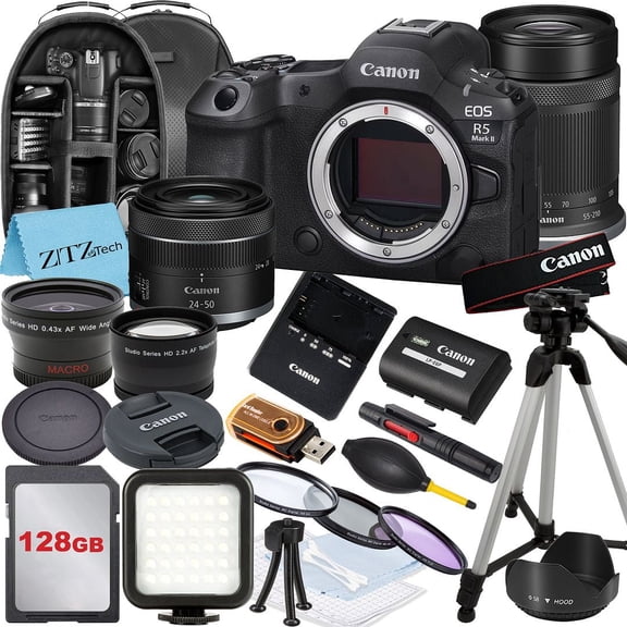 Canon EOS R5 Mark II Mirrorless Camera with RF 24-50mm, RF-S 55-210mm Lens, 128GB Memory Card, Backpack and ZeeTech Bundle (International Version)