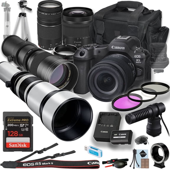 Canon EOS R5 Mark II w/24-105mm STM, EF 75-300mm, 420-800mm, 650-1300mm Lens + Canon DM-E100 + 128GB Extreme Pro Memory Card + 15 inch Tripod + More (18pc Bundle) (Inter (International Version)