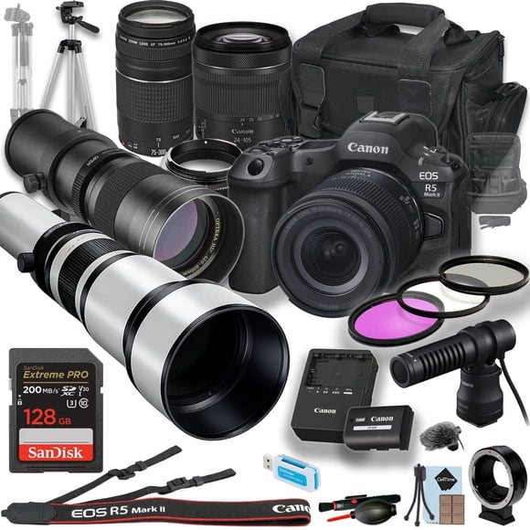 Canon EOS R5 Mark II w/24-105mm STM, EF 75-300mm, 420-800mm, 650-1300mm Lens + Canon DM-E100 + 128GB Extreme Pro Memory Card + 15 inch Tripod + Camera Case + More (18pc Bundle)(Premium Bundle)