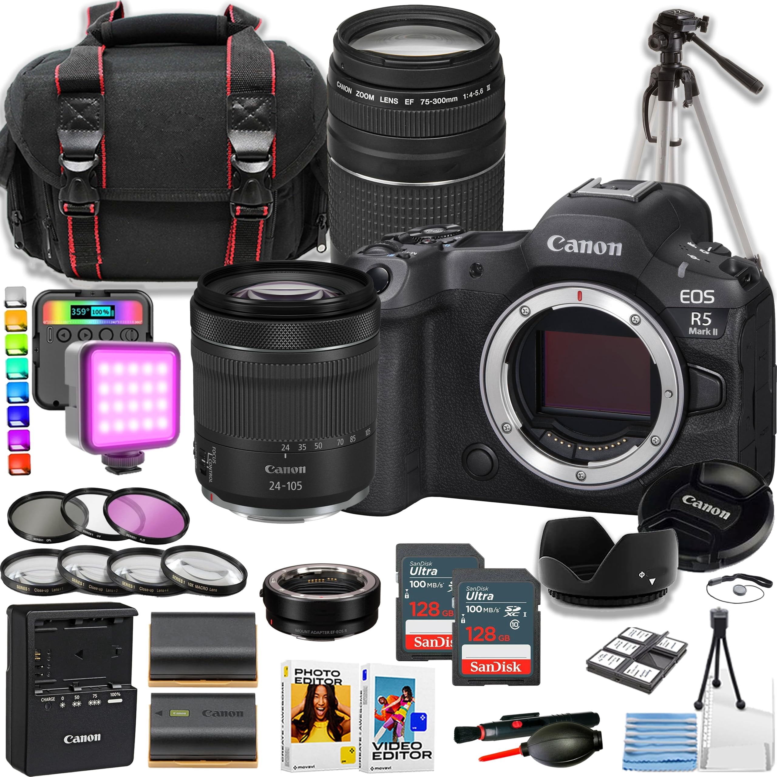 Canon EOS R5 Mark II w/24-105mm STM Lens and EF 75-300mm Lens + Camera Case + 50 inch Tripod ...