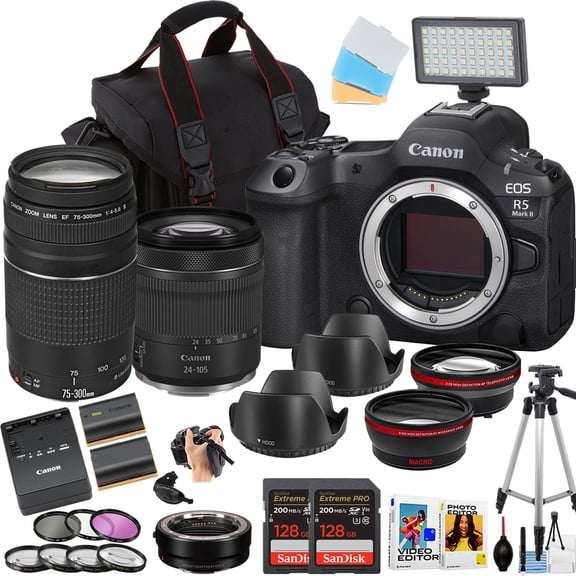 Canon EOS R5 Mark II w/24-105mm STM and 75-300mm Lens + 2pc Sandisk 128GB Extreme Memory Card + Camera Case + More (18pc Bundle) (International Version)