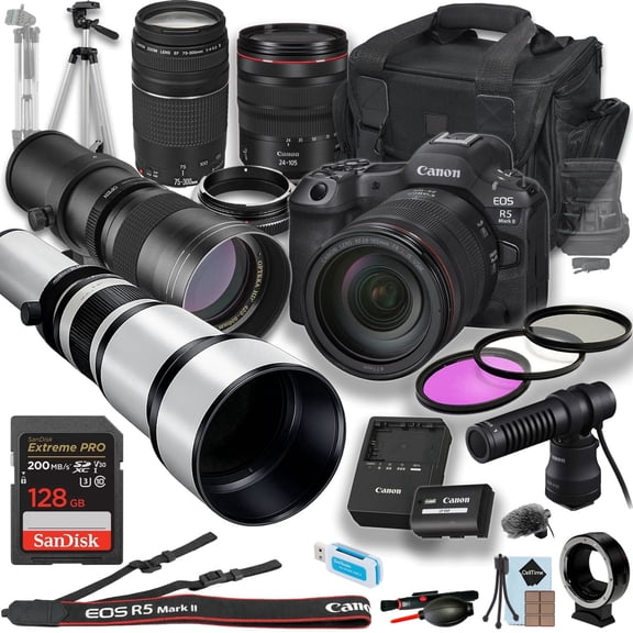 Canon EOS R5 Mark II w/24-105mm USM, EF 75-300mm, 420-800mm, 650-1300mm Lens + Canon DM-E100 + 128GB Extreme Pro Memory Card + 15 inch Tripod + More (18pc Bundle) (International Version)
