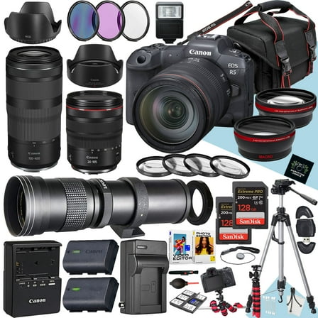Canon EOS R5 Mirrorless Camera with 24-105mm f/4 L IS USM, RF 100-400mm f/5.6-8 IS USM and 420-800mm f/8.3 HD Telephoto Zoom Lens + 2PC 128 GB Memory + Monopod + Filters + More (42pc Bundle)