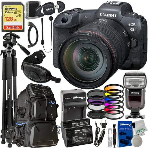 Canon EOS R5 Mirrorless Camera with 24-105mm f/4 Lens & Deluxe Accessory Bundle: SanDisk 128GB Extreme SDXC, Lightweight 72 Tripod, Filter Kits & So Much More (36pc Bundle)