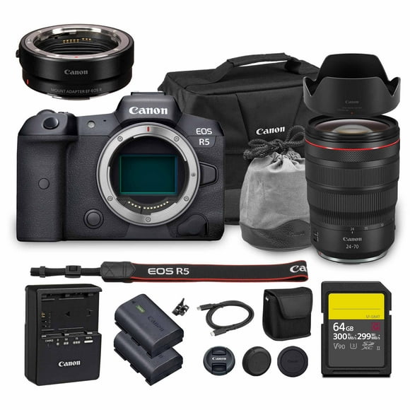 Canon EOS R5 Mirrorless Camera | 45MP Full Frame Sensor 8K Video | In-Body Image Stabilization and Dual Pixel AF for Hybrid Creators (4147C002) + Canon RF 24-70mm Lens + Adapter EF-EOS R + Bag + More