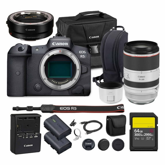 Canon EOS R5 Mirrorless Camera | 45MP Full Frame Sensor 8K Video | In-Body Image Stabilization and Dual Pixel AF for Hybrid Creators (4147C002) + Canon RF 70-200mm Lens + Adapter EF-EOS R + More