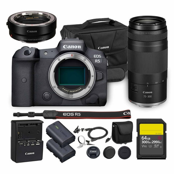 Canon EOS R5 Mirrorless Camera | 45MP Full Frame Sensor 8K Video | In-Body Image Stabilization and Dual Pixel AF for Hybrid Creators (4147C002) + Canon RF 75-300mm Lens + Adapter EF-EOS R + More