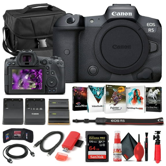 Canon EOS R5 Mirrorless Digital Camera (Body Only) (4147C002) + 64GB Memory Card + Case + More Basic Bundle (International Version)