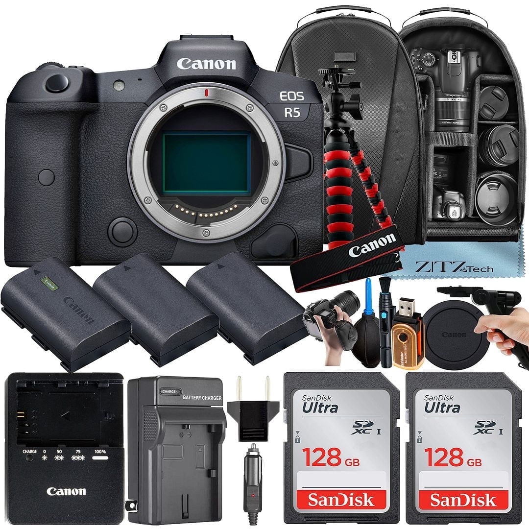 Canon EOS R5 Mirrorless Camera (Body Only) with 2 Pack 128GB Memory Card + 3 Pieces Battery + Backpack + Tripod + ZeeTech Accessory Bundle (International Version)