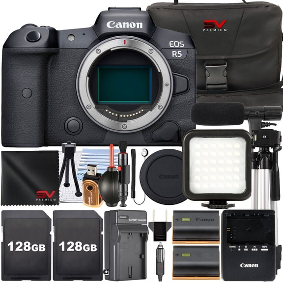 Canon EOS R5 Mirrorless Camera (Body Only) with 2 Pack 128GB Memory Card + Case + LED Flash + SV Premium Accessory Bundle (International Version)