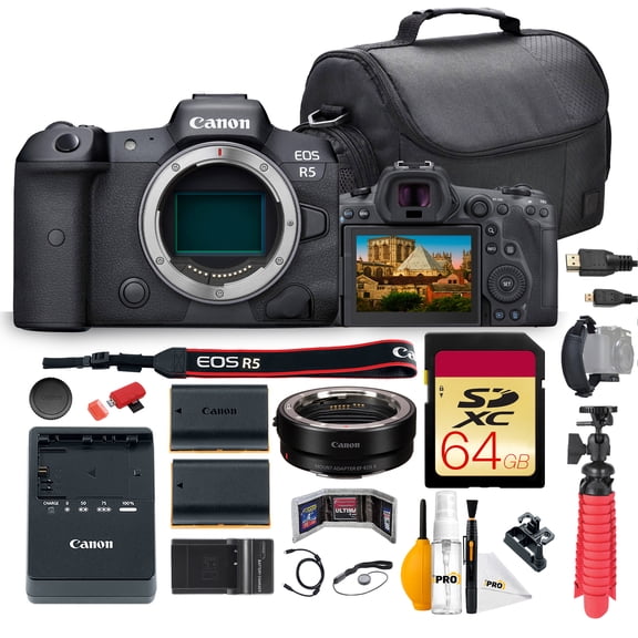Canon EOS R5 Mirrorless Camera Bundle |45MP Full-Frame Sensor, 8K Video & Dual Pixel CMOS AF II |For Pro Photos, Weddings, & Hybrid Creators (4147C002) + Adapter EF-EOS R + 64GB Card + Battery + More